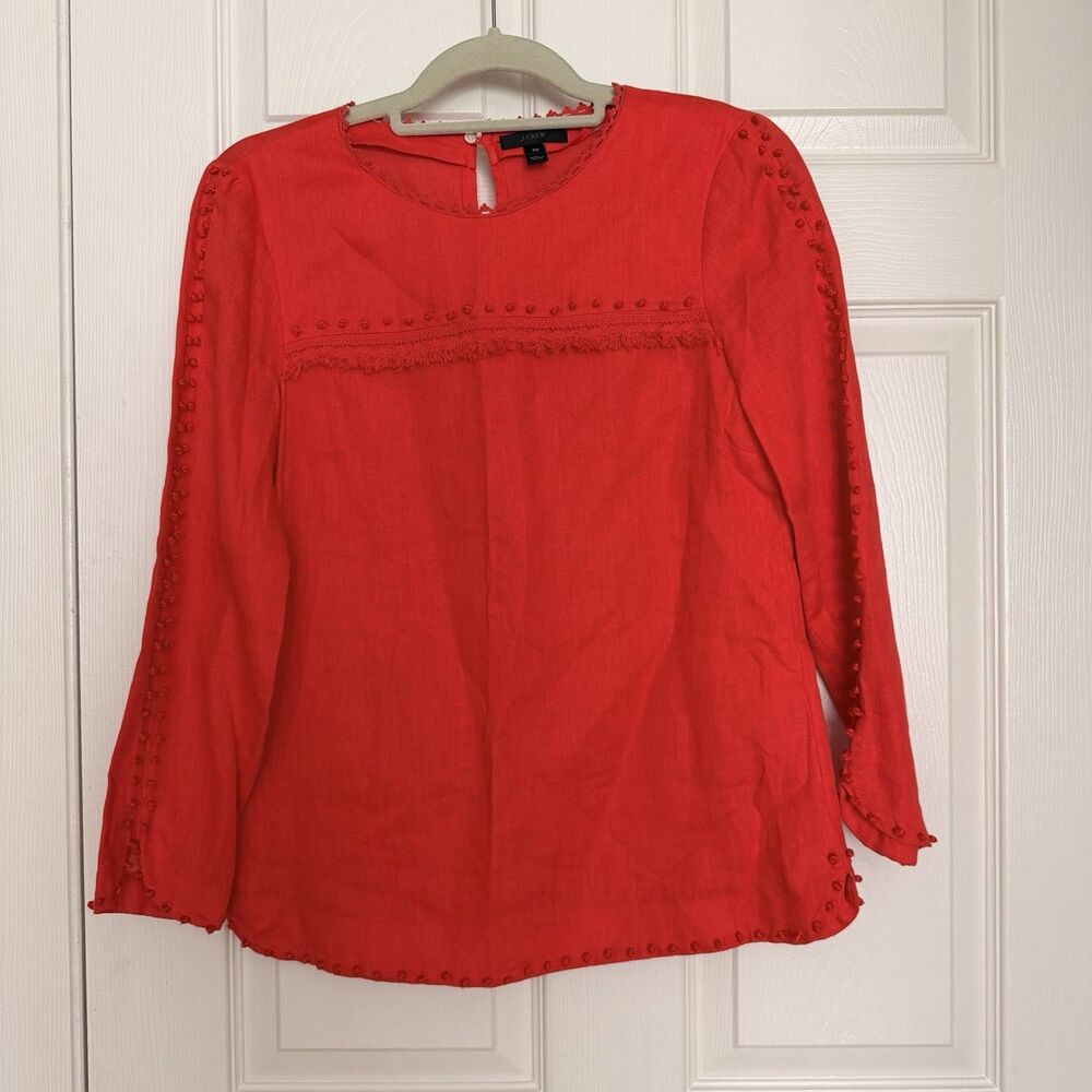 ✅ J. Crew Embroidered Red Linen Top Blouse Size 0 Button details Boho Festival